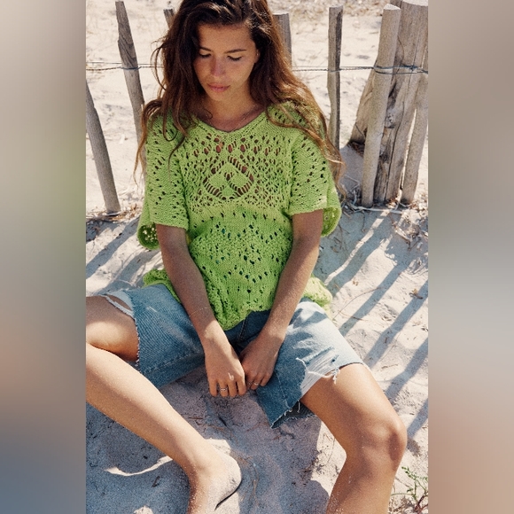Zara Tops - NWT Zara Oversized Pointelle Knit Fluorescent Green Boho Top M L